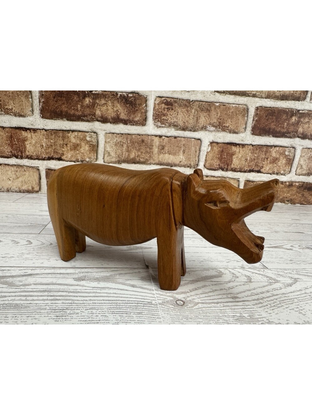 Vintage Hand Carved Wooden Hippo Hippopotamus 7” Mouth Open Fight Stance